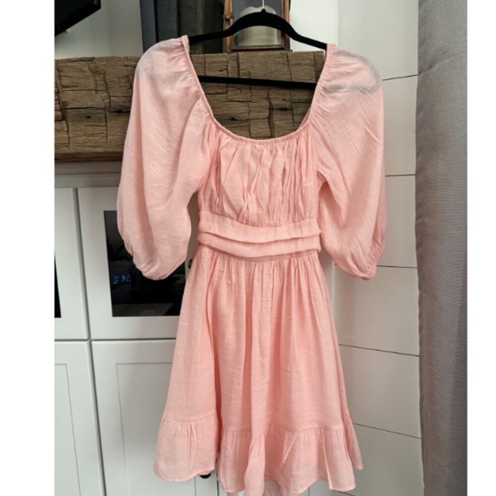 Peach Puff Sleeve Mini Dress Square Neck Ruffle Hem Cottagecore Size S